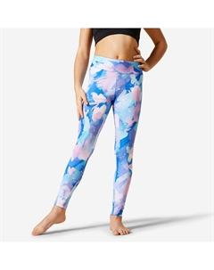 Спортивные брюки с высокой талией для девочек - синие/разноцветный принт Domyos