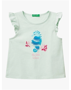 Детский топ с бахромой и оборками на рукавах в виде морского конька, Teal Green Benetton