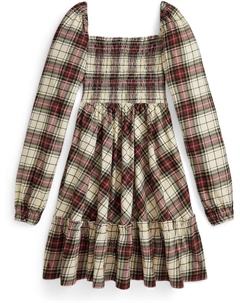 Платье из хлопкового джерси с оборками в клетку, Cream Stewart Tartan Polo ralph lauren kids