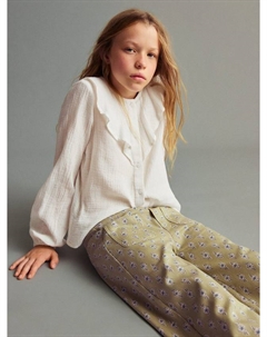 Детская хлопковая рубашка с длинными рукавами и рюшами, Light Beige Mango
