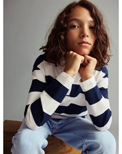 Детский хлопковый поло-свитшот с длинным рукавом в полоску, Navy Mango