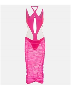 Платье миди из тюля с ажурными вставками, Hot Pink/Nude 01 Mugler