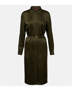 GG поясное платье-рубашка из сатинового жаккарда, Greysh Army Green Gucci