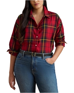 Женская рубашка свободного кроя в клетку из хлопка больших размеров, Black/Red Lauren ralph lauren