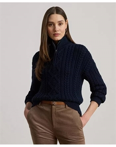 Женская аранская вязка хлопковая пуловер с четвертью молнией, синий Lauren ralph lauren
