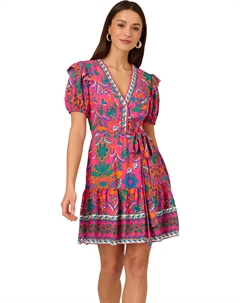 Женское короткое платье с воланами и принтом, Hot Pink/Multi Adrianna papell