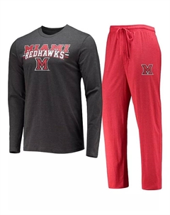 Мужской комплект для сна из футболки с длинными рукавами и брюк Miami University RedHawks, красный с эффектом потертости, в рубчик цвета темного угля, 1 метр Concepts sport