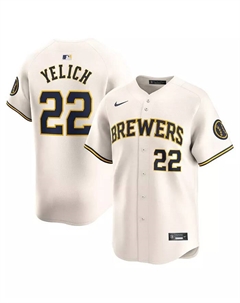 Мужская лимитированная игровая футболка Christian Yelich в кремовом цвете Milwaukee Brewers Home Nike
