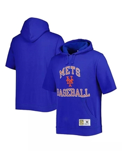 Мужская толстовка с капюшоном и короткими рукавами Royal New York Mets из коллекции Cooperstown, постиранная флисовая Mitchell and ness