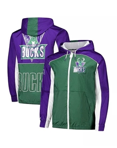 Мужская зелено-фиолетовая ветровка Milwaukee Bucks Hardwood Classics Big Shot Premium на молнии Mitchell and ness