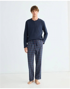 Мужская длинная пижама из фланели смешанной ткани, темно-синий Dustin