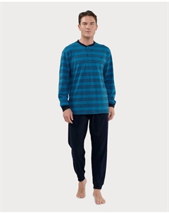 Длинная пижама из трикотажа с застежкой для мужчин, синий/черный El búho nocturno