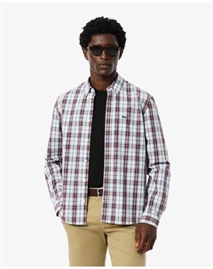 Мужская рубашка прямого кроя из поплина с белой клеткой тартан с длинными рукавами, белый Lacoste