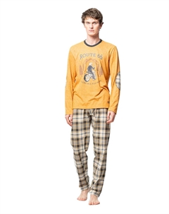 Мужская длинная трикотажная пижама в клетку, коричневый Soy