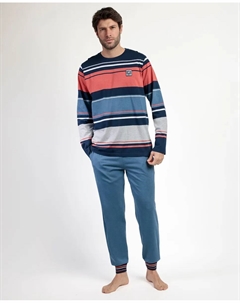 Длинная мужская пижама из хлопкового трикотажа синего цвета Lois