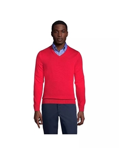 Мужской свитер из хлопка и модала с тонкой вязкой и V-образным вырезом, красный Lands' end