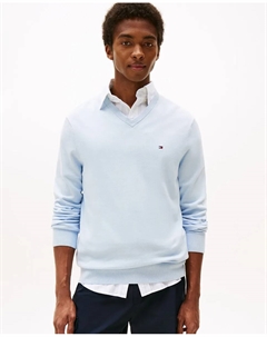 Мужской однотонный хлопковый свитер с V-образным вырезом, светло-голубой Tommy hilfiger