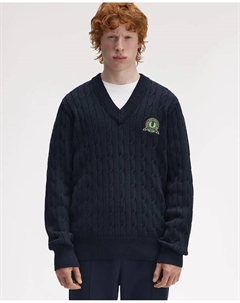 Мужской вязаный свитер с узором косичкой и V-образным вырезом, темно-синий Fred perry