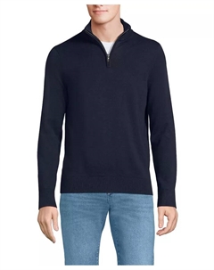 Мужской удлиненный свитер с длинным рукавом из тонкого хлопка с застежкой на четверть, синий Lands' end