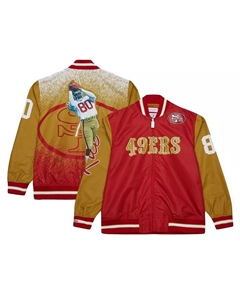 Мужская атласная бейсбольная куртка на молнии с принтом Jerry Rice в цвете scarlet, посвященная игроку San Francisco 49ers Mitchell and ness