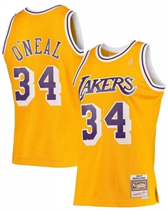 Мужская баскетбольная майка Shaquille O'Neal Hardwood Classics 1996-97 Los Angeles Lakers в золотистом цвете, стиль Swingman Mitchell and ness
