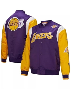 Мужская и женская фиолетовая бейсбольная куртка на пуговицах Los Angeles Lakers Vintage Team Origins из сатина Mitchell and ness