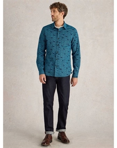 Хлопковая рубашка Slim Fit с абстрактным волнообразным принтом, Blue White stuff