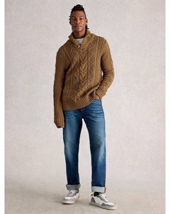 Эден джемпер с воротником шаль и рельефным узором из хлопковой смеси, Mid Tan White stuff