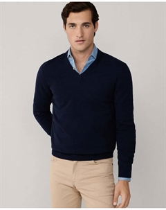 Джемпер из смеси мериносовой шерсти с V-образным вырезом, темно-синий Hackett