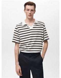 Хлопковая поло Saturno с полосками и открытым воротником Regular Fit, Natural White/Black Mango