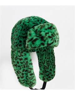 Зеленая шапка ушанка из искусственного меха с леопардовым принтом Reclaimed vintage