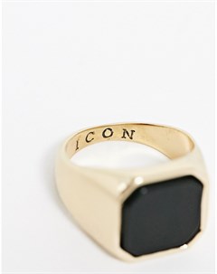 Золотистое кольцо печатка с черным камнем Icon brand