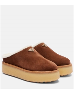 Evolve мюли на платформе из замши с отделкой из овчины, Cacao Prada