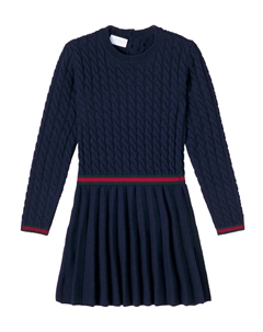 Веб-полосатое кабельное вязаное плиссированное шерстяное платье, Oltremare/Green/Red Gucci kids