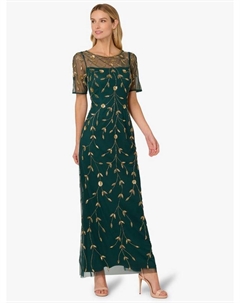 Студийное платье макси с цветочным виноградным бисерным узором и сеткой, Green/Gold Adrianna papell
