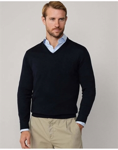 Мужской свитер из мериносовой шерсти с шелком с V-образным вырезом, темно-синий Hackett
