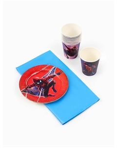 Посуда одноразовая бумажная на 10 персон: стаканы, тарелки, скатерть, человек паук Marvel