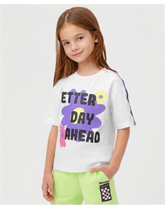 Футболка с разноцветным принтом и тесьмой на рукавах белая Button blue