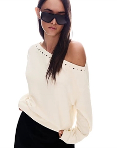 Вязаный свитер Studded в цвете экрю Bershka