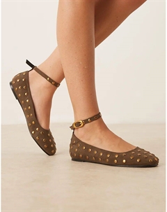 Балетки Lara с заклепками и круглым носком Wide Fit из замши оливкового цвета Asos design