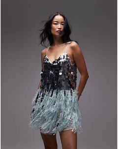 Мини-платье ASOS ARCHIVE с пайетками и искусственными перьями по низу, синее Asos design