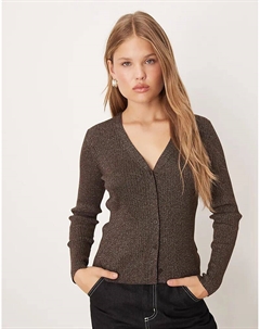 Кардиган с V-образным вырезом в рубчик, коричневого цвета в крапинку Mango