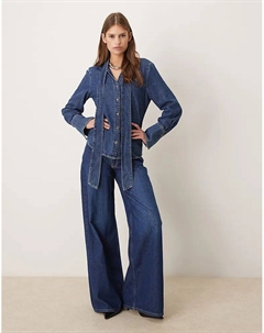 Рубашка из 100% хлопкового денима Msngo синего цвета с завязкой на шее Mango