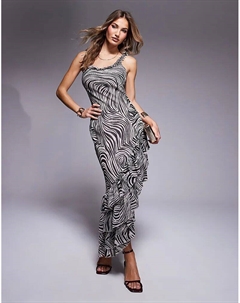 Платье миди с круглым вырезом, асимметричным подолом и оборкой, с анималистичным принтом Asos design