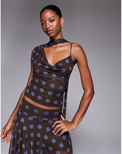 Эксклюзивный двухслойный сетчатый топ на одно плечо с воротником-хомут в коричнево-синем горошке Kaiia