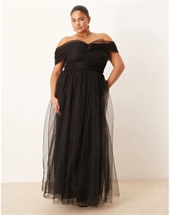 Платье макси из тюля с кружевом и бисером, с бантом на спущенном плече, черное Lace & beads