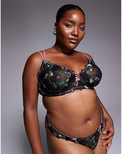 Бюстгальтер Curve Jamie с цветочной вышивкой на косточках и атласной окантовкой в ​​черном и розовом цветах от DESIGN Asos