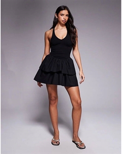 Мини-платье с лифом на шее и оборками, черное Asos design