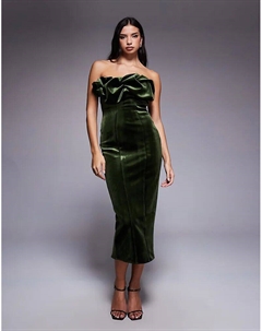 Платье-бандо миди из бархата с лифом-бандо и оборками в цвете хаки Asos design