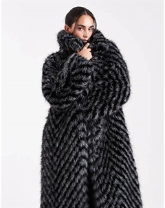 Длинная шуба из искусственного меха с шевронным узором в серую полоску Asos design